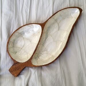 Vintage Capiz Mother of Pearl Wooden Dish With Two Divided Sections